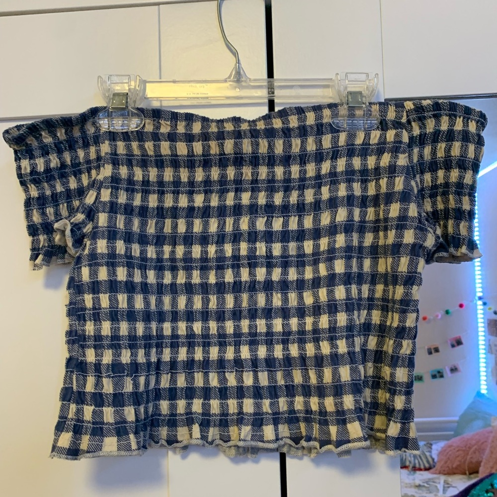 blue/white checkered off the shoulder shirred top